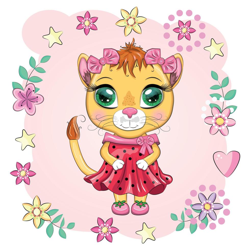 leona de dibujos animados con un hermoso vestido con lazos y flores. personaje de niña, animal salvaje con rasgos humanos. vector