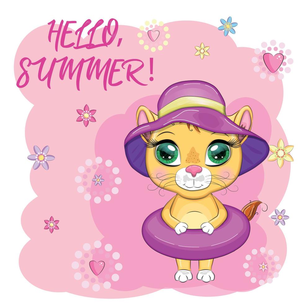 Cartoon lion in flippers, swimming circle, hat, glasses. Character with beautiful eyes, childish. Summer, vacation vector