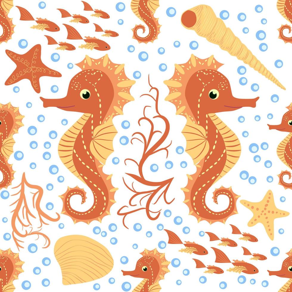 Caballito de mar y estrellas de mar de patrones sin fisuras. fondo de verano de la vida marina. linda vida marina. diseño para tela y decoración vector