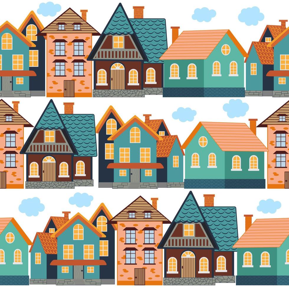 Seamless pattern of funny houses. Densely populated city. vector