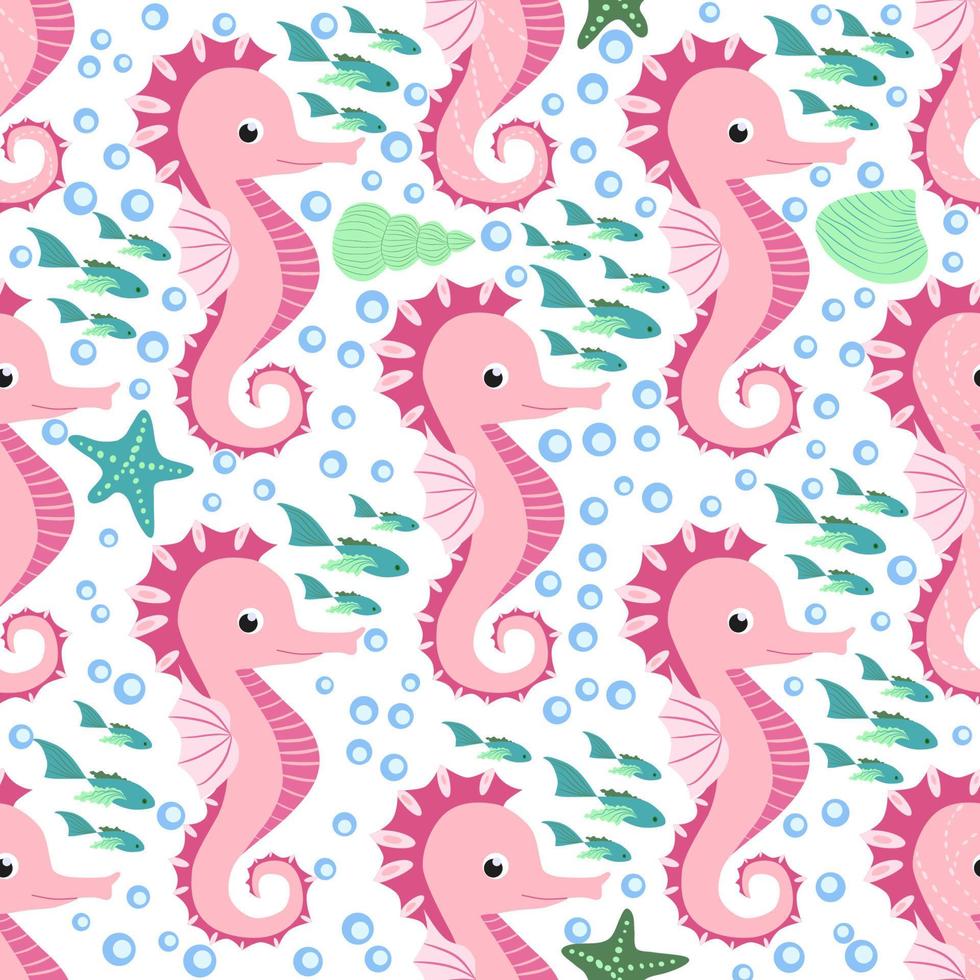 Seahorse and starfish seamless pattern. Sea life summer background. Cute sea life. Design for fabric and decor vector