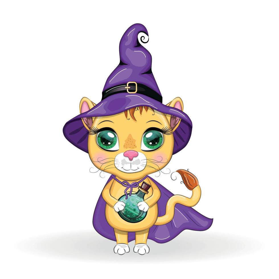 Cute cartoon leo with beautiful eyes, orange in a purple witch's hat and cloak. Halloween 2022. vector