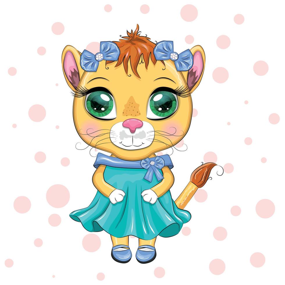 leona de dibujos animados con un hermoso vestido con lazos y flores. personaje de niña, animal salvaje con rasgos humanos. vector