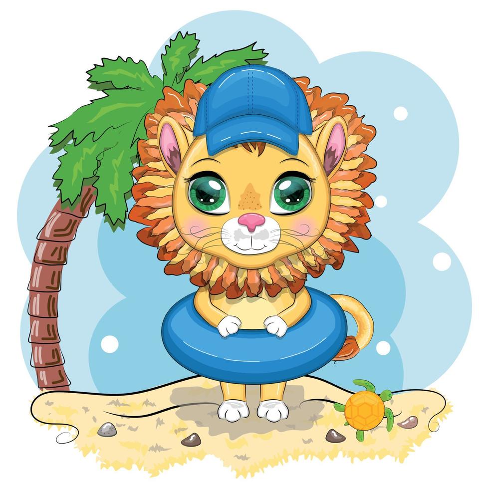 Cartoon lion in flippers, swimming circle, hat, glasses. Character with beautiful eyes, childish. Summer, vacation vector