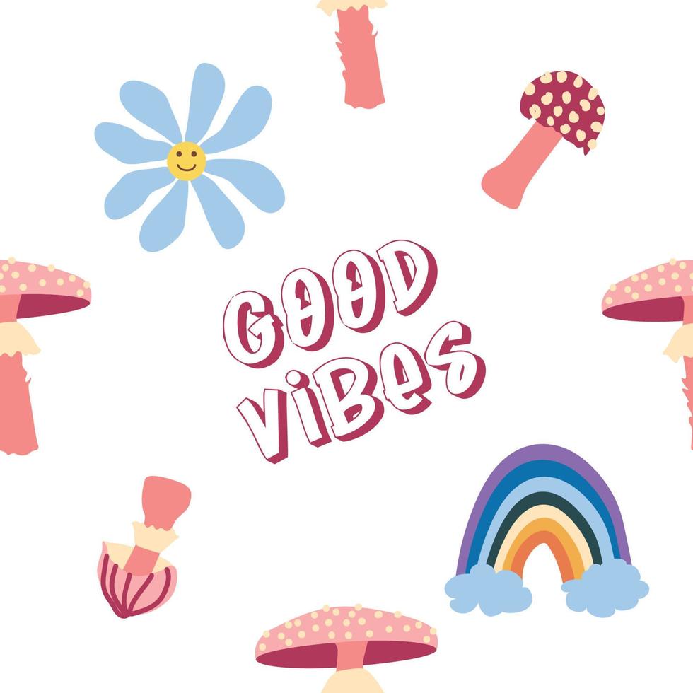 Magic psychedelic drug mushrooms, Chamomile, rainbow seamless pattern. Psychedelic hallucination. 60-70s hippie vector