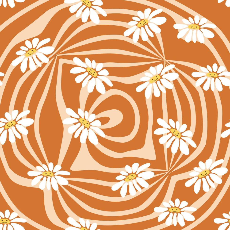 Groovy daisy retro seamless pattern. Retro Smile Chamomile Pattern on 1970 Hippie Aesthetic. vector
