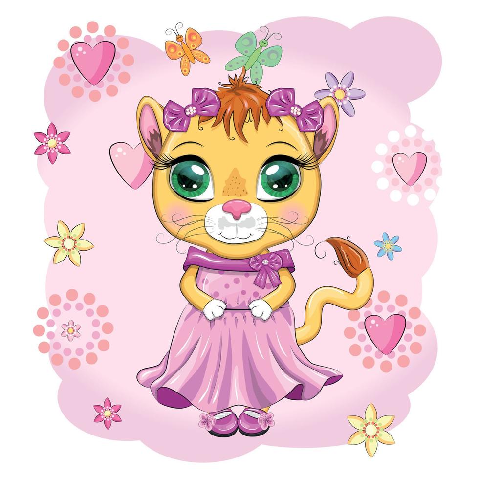 leona de dibujos animados con un hermoso vestido con lazos y flores. personaje de niña, animal salvaje con rasgos humanos. vector