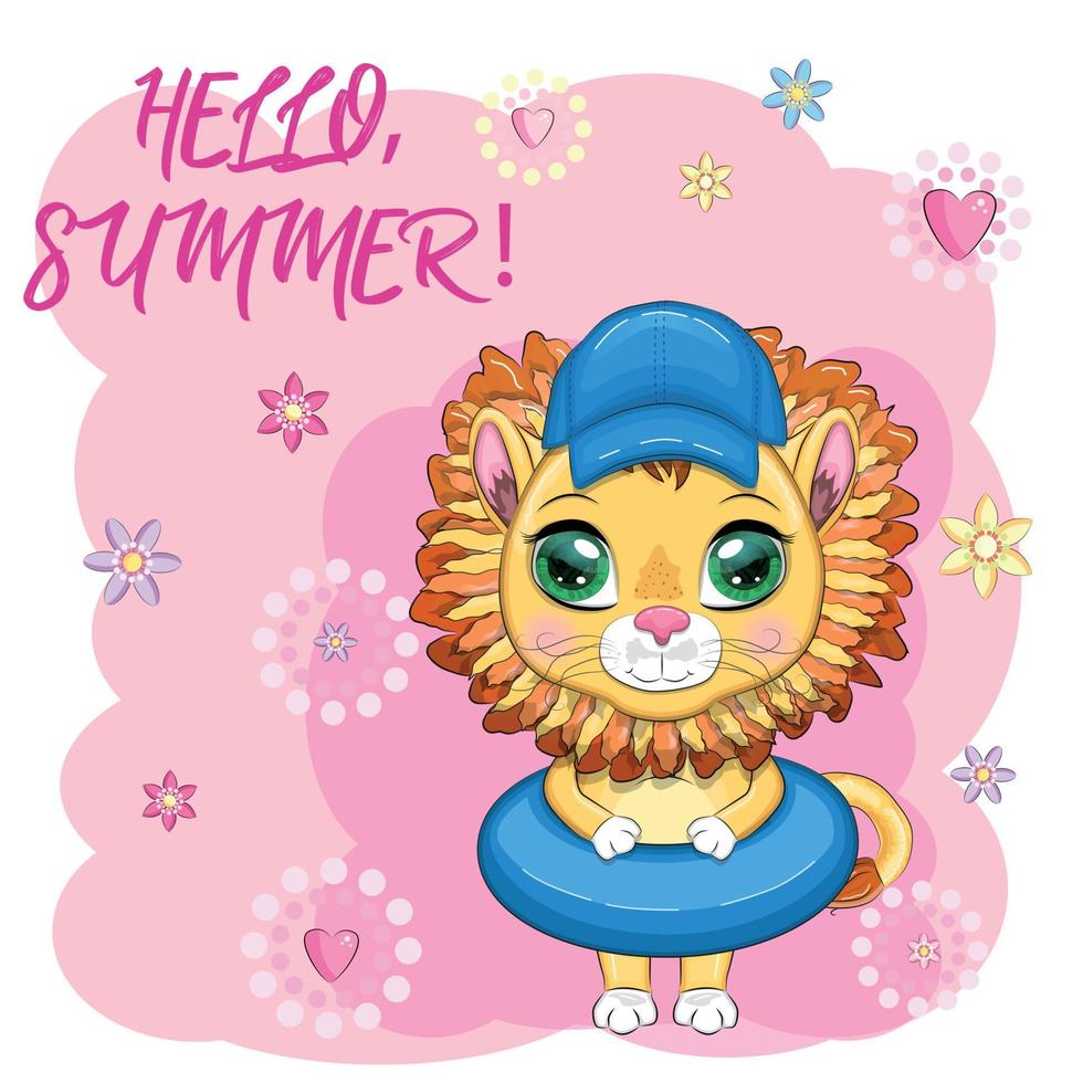 león de dibujos animados en aletas, círculo de natación, sombrero, gafas. personaje con hermosos ojos, infantil. vacaciones de verano vector