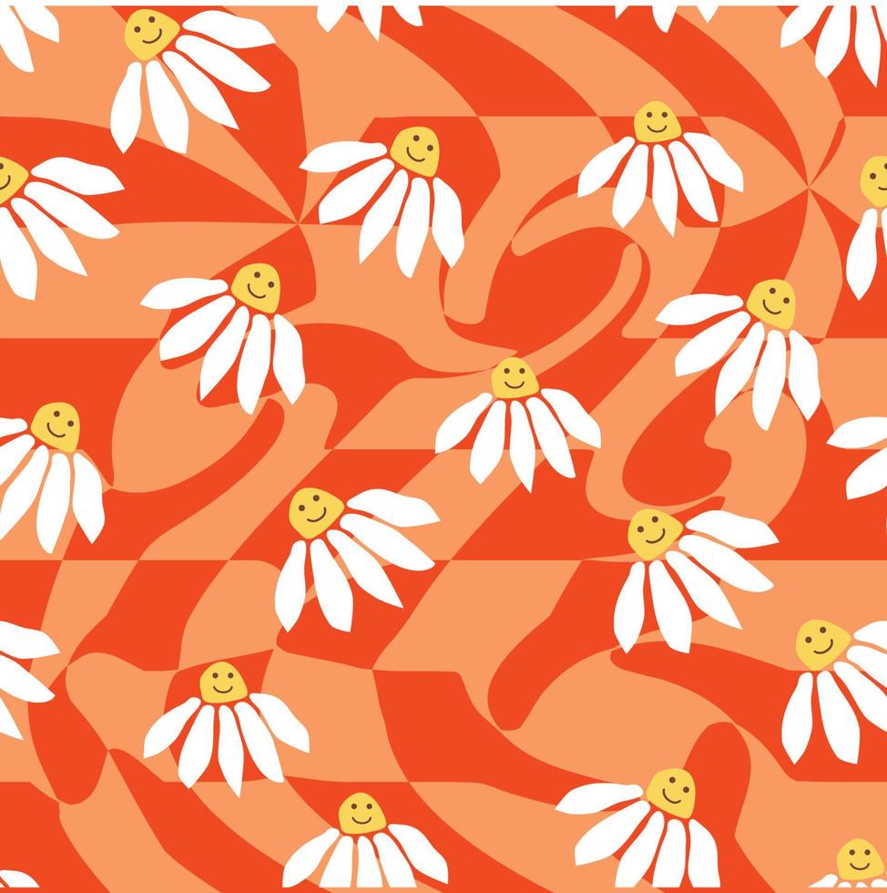 Groovy daisy retro seamless pattern. Retro Smile Chamomile Pattern on 1970 Hippie Aesthetic. vector