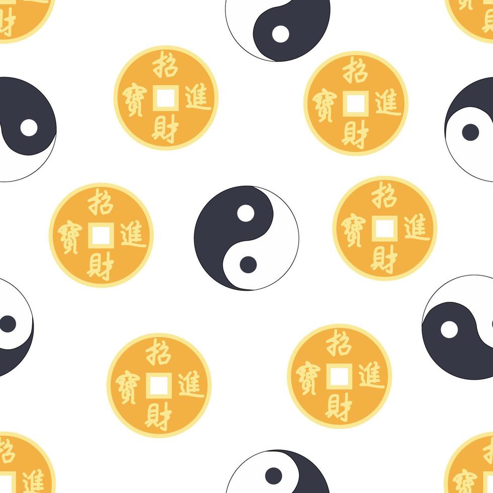 patrón chino sin costuras con moneda china feng shui con agujero, símbolo yin yang vector