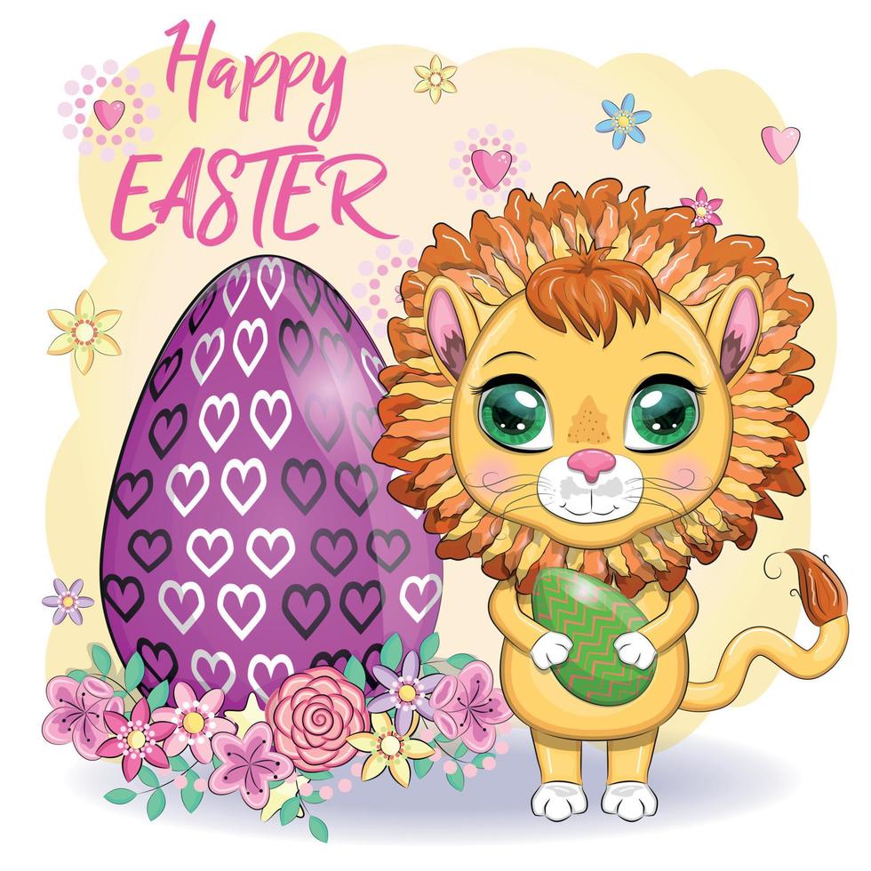 Cartoon lion with Easter egg. Character with beautiful eyes, childish. Easter holiday, greeting card vector