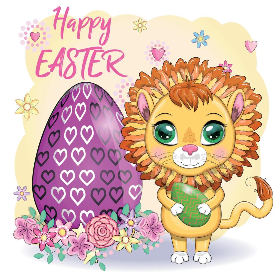 león de dibujos animados con huevo de pascua. personaje con hermosos ojos, infantil. vacaciones de pascua, tarjeta de felicitación vector