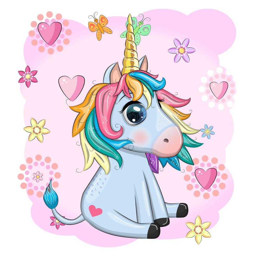 pony unicornio azul sentado. linda tarjeta de bebé, bebé con ojos grandes vector