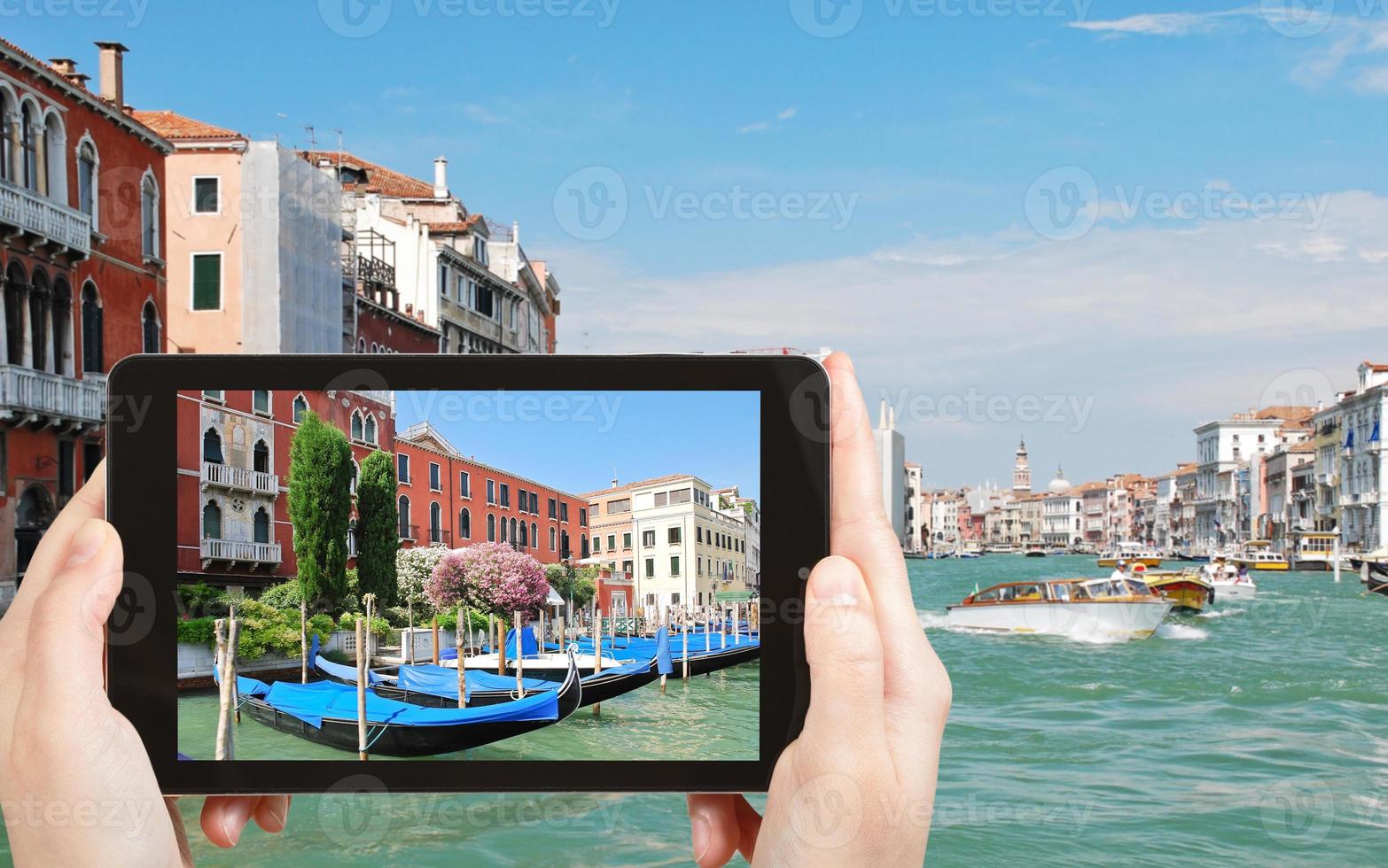 tourist taking photo of parking of gondolas