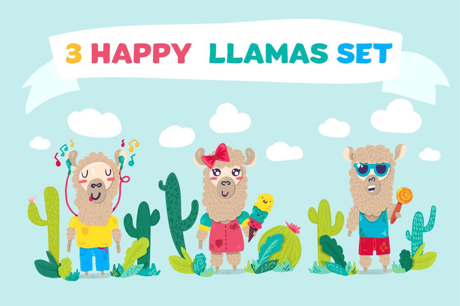 Happy llamas cartoon characters set vector