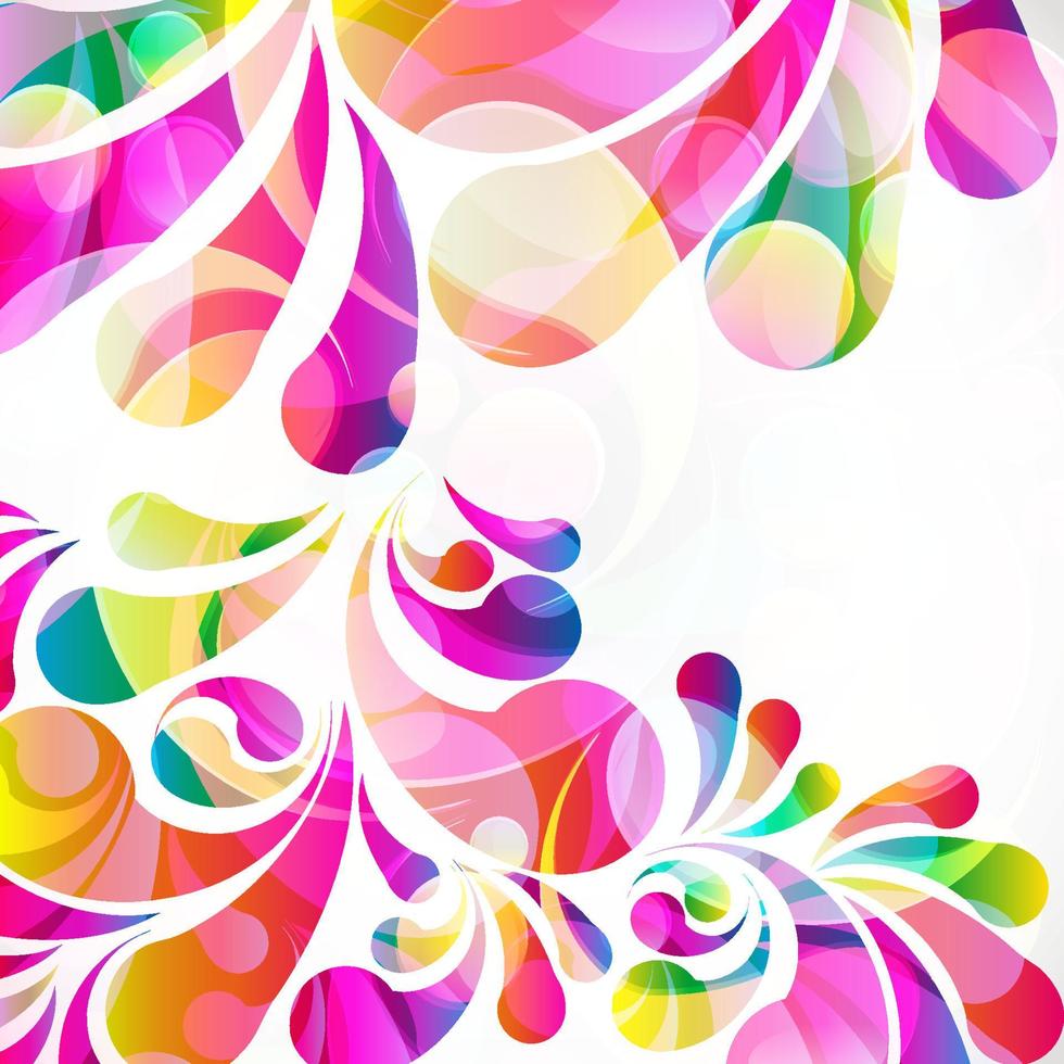 Abstract colorful paisley arc-drop pattern on a white background. Transparent colorful drops and circles design card.  Vector illustration.