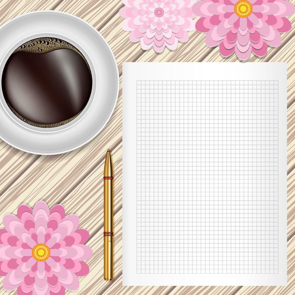 Cup of coffee, flowers, pen and paper on a wooden table. Greeting floral card. Vector flat lay design.