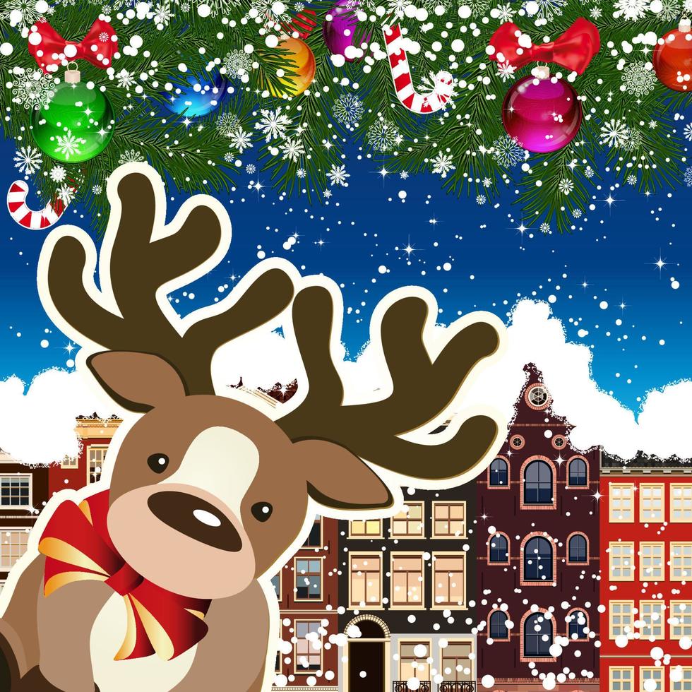 Deer on the background of snow-covered streets. New Year design background. Falling snow.  Holiday illustration with place for text. vector