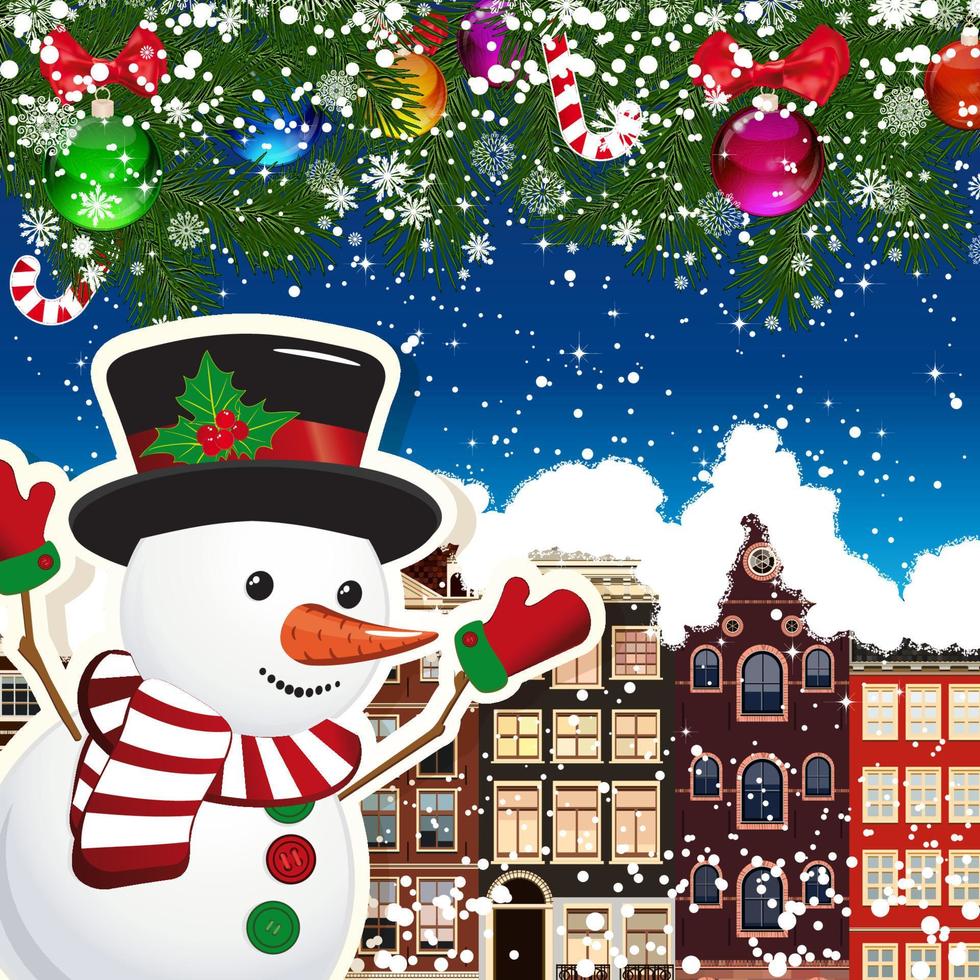 Snowman on the background of snow-covered streets. New Year design background. Falling snow.  Holiday illustration with place for text. vector