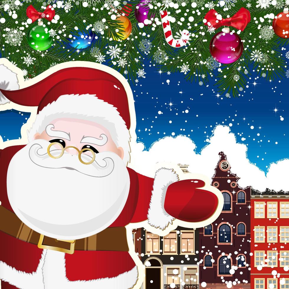 Santa Claus on the background of snow-covered streets. New Year design background. Falling snow.  Holiday illustration with place for text. vector