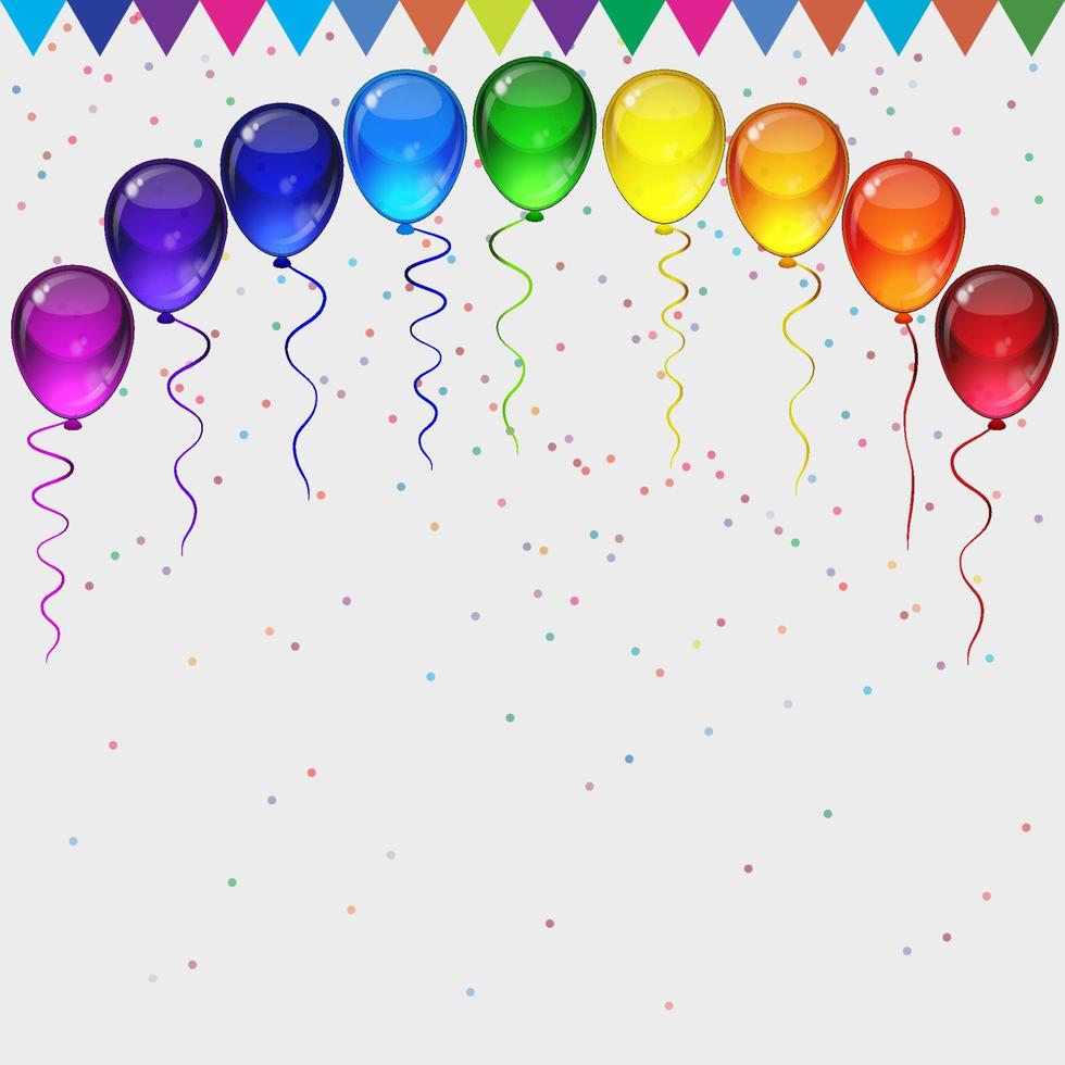 Birthday party vector background - realistic transparency colorful festive balloons, confetti, ribbons flying for celebrations card in isolated white background with space for you text.