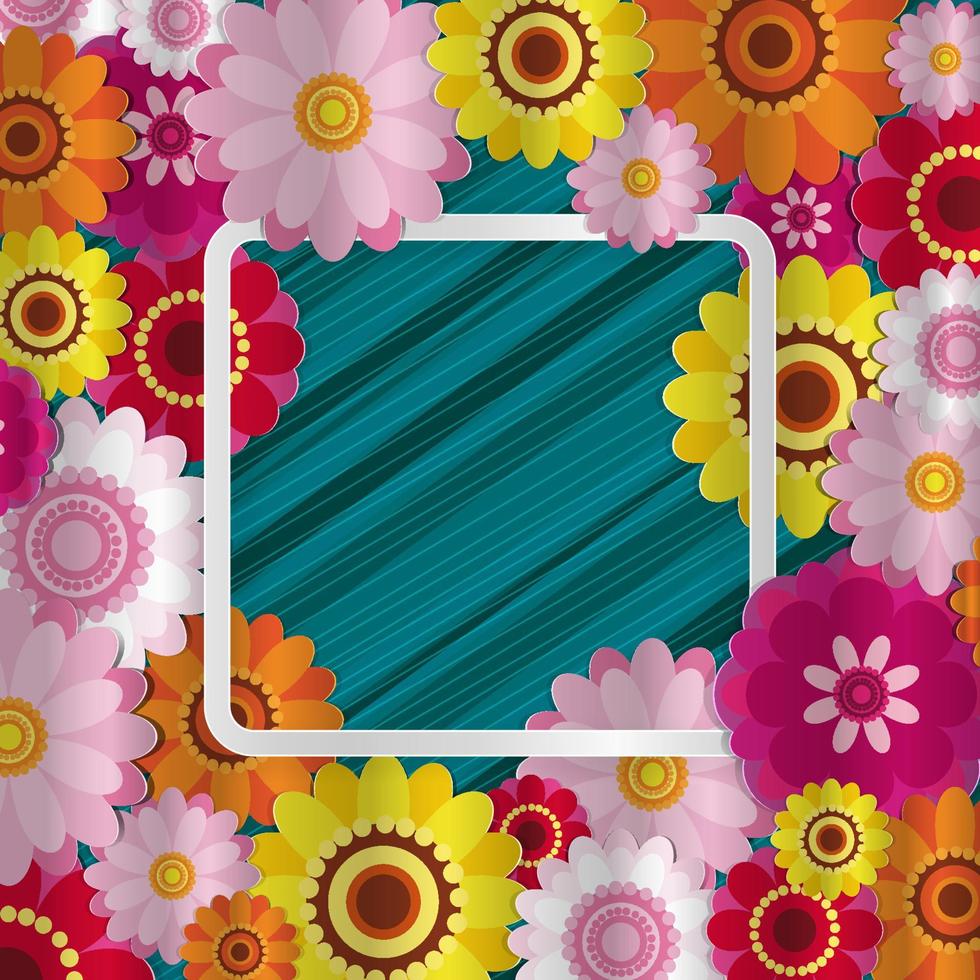 Spring congratulatory floral background. Festive paper flowers on a square light frame. Shaded noble turquoise background. Vector greeting card with a holiday on March 8, Mother's Day, birthday.