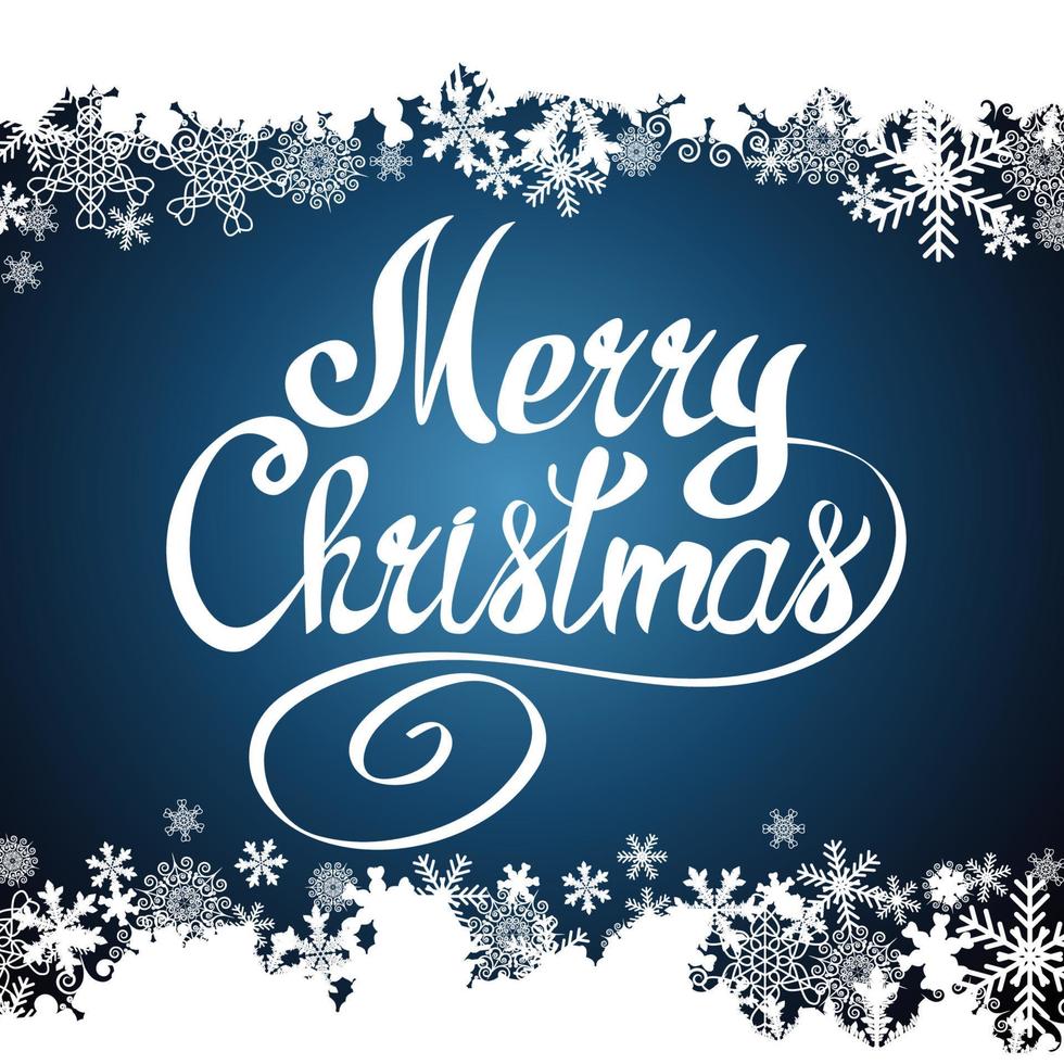 Merry Christmas vector lettering text and snowflake border, xmas background.