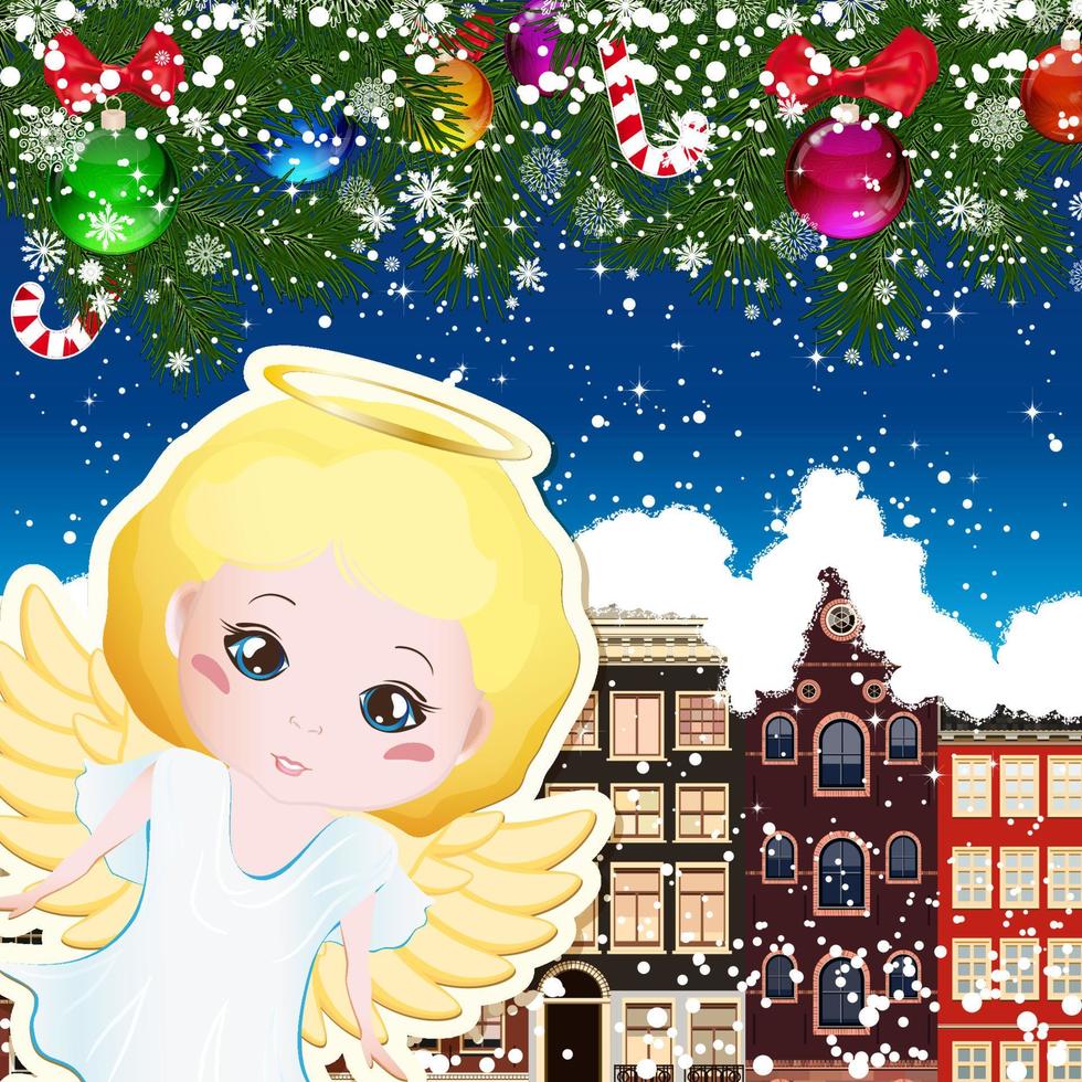 Angel on the background of snow-covered streets. New Year design background. Falling snow.  Holiday illustration with place for text. vector