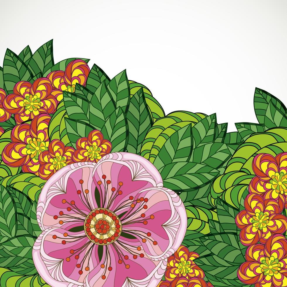 Vector illustration greeting card beauty and fashion. Background with flowers and leaves. Zentangl, doodling. Adult coloring books.