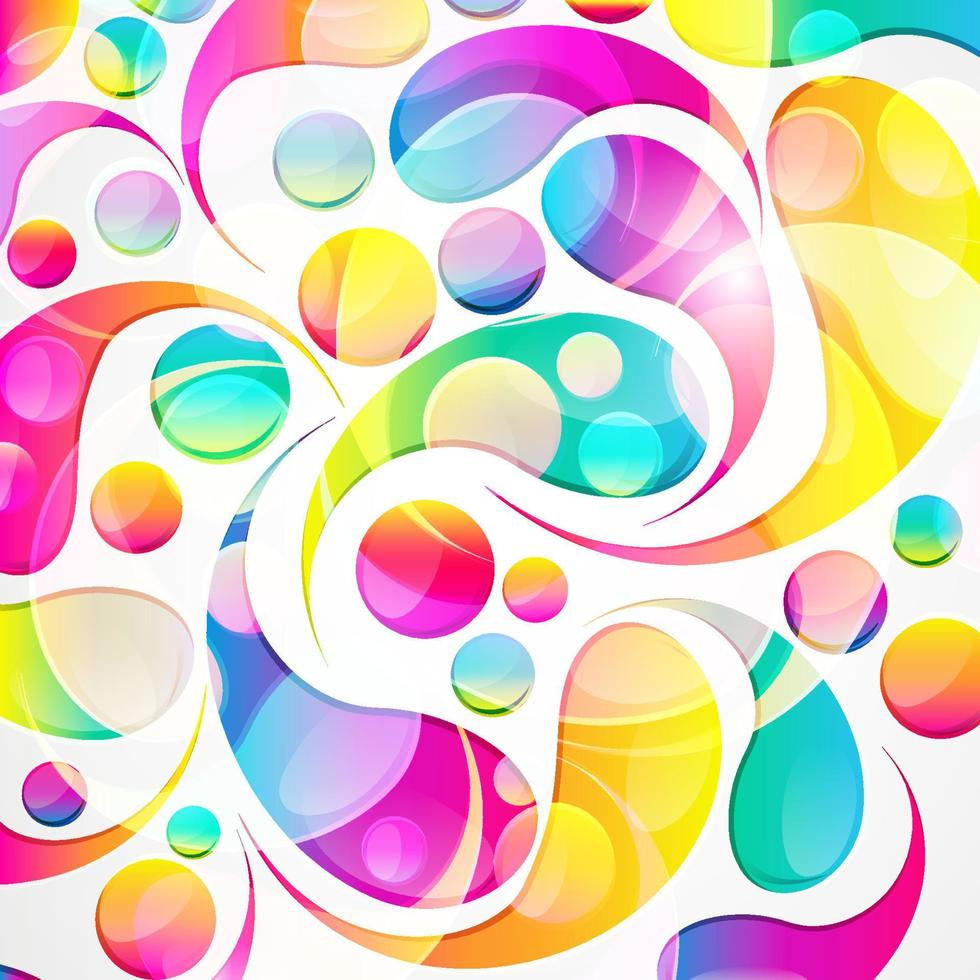 Abstract colorful paisley arc-drop pattern on a white background. Transparent colorful drops and circles design card.  Vector illustration.