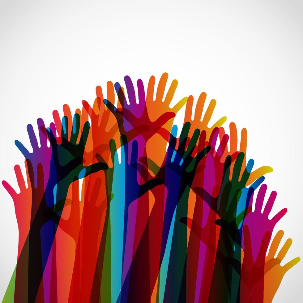 Colorful silhouettes hands up on a light background. Vector symbol illustration.