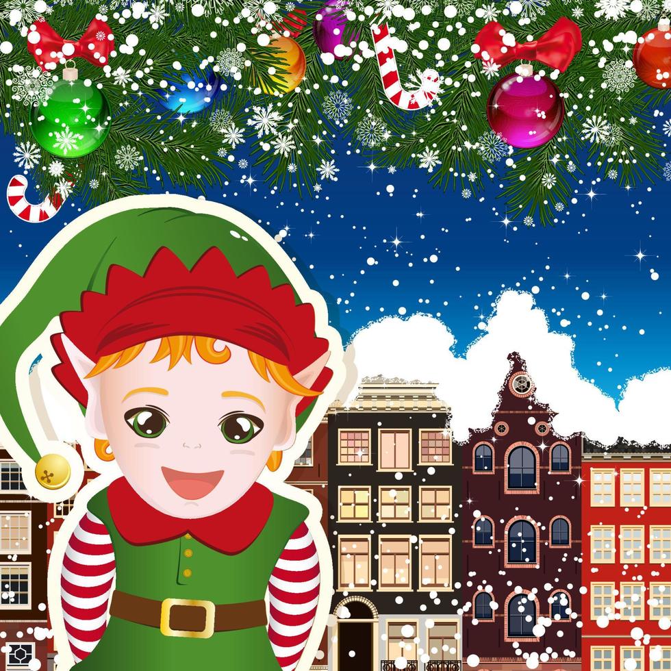 Elf on the background of snow-covered streets. New Year design background. Falling snow.  Holiday illustration with place for text. vector