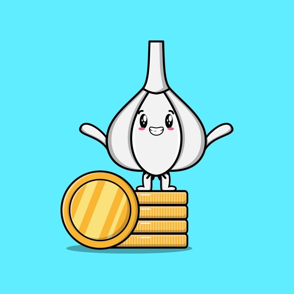 Cute cartoon Garlic standing in stacked gold coin vector