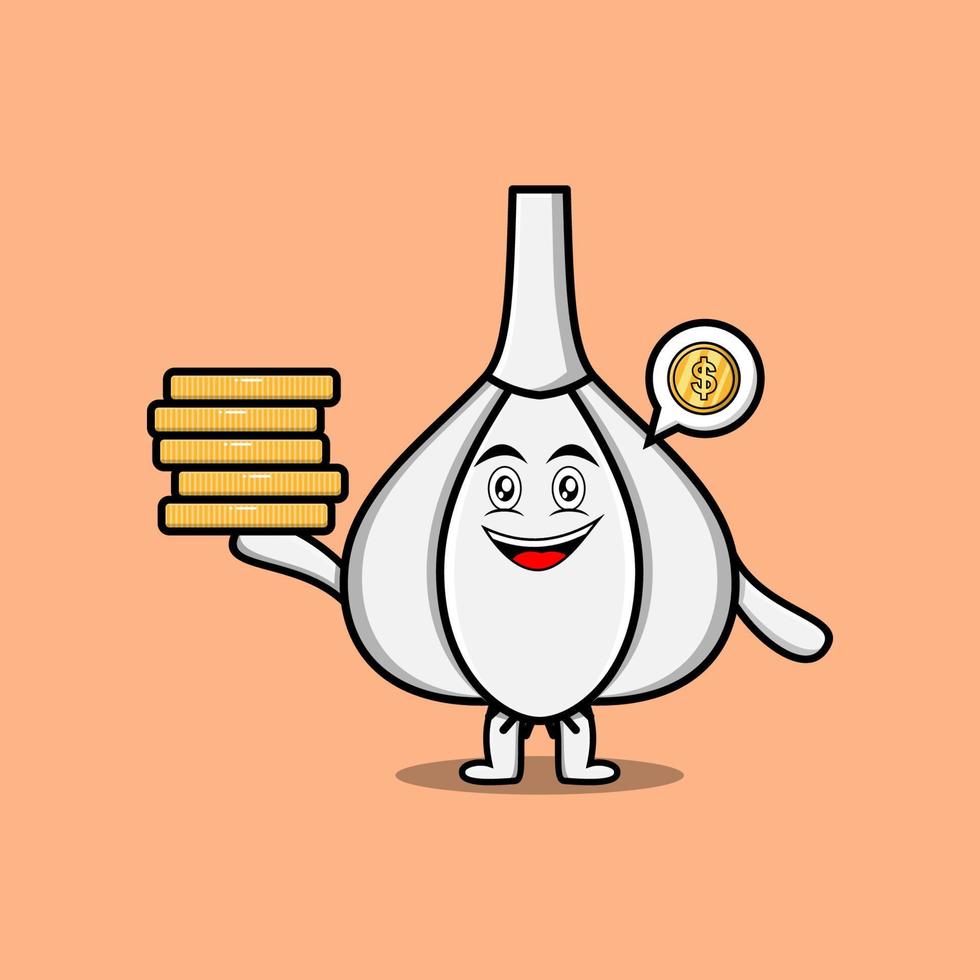 Cute cartoon Garlic holding in stacked gold coin vector