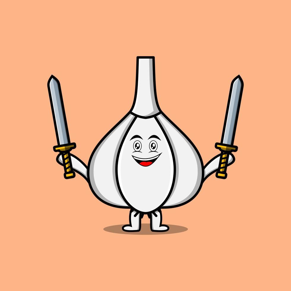 Cute cartoon Garlic character holding two sword vector