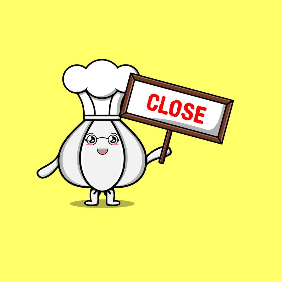 Cute cartoon Garlic chef holding close sign board vector