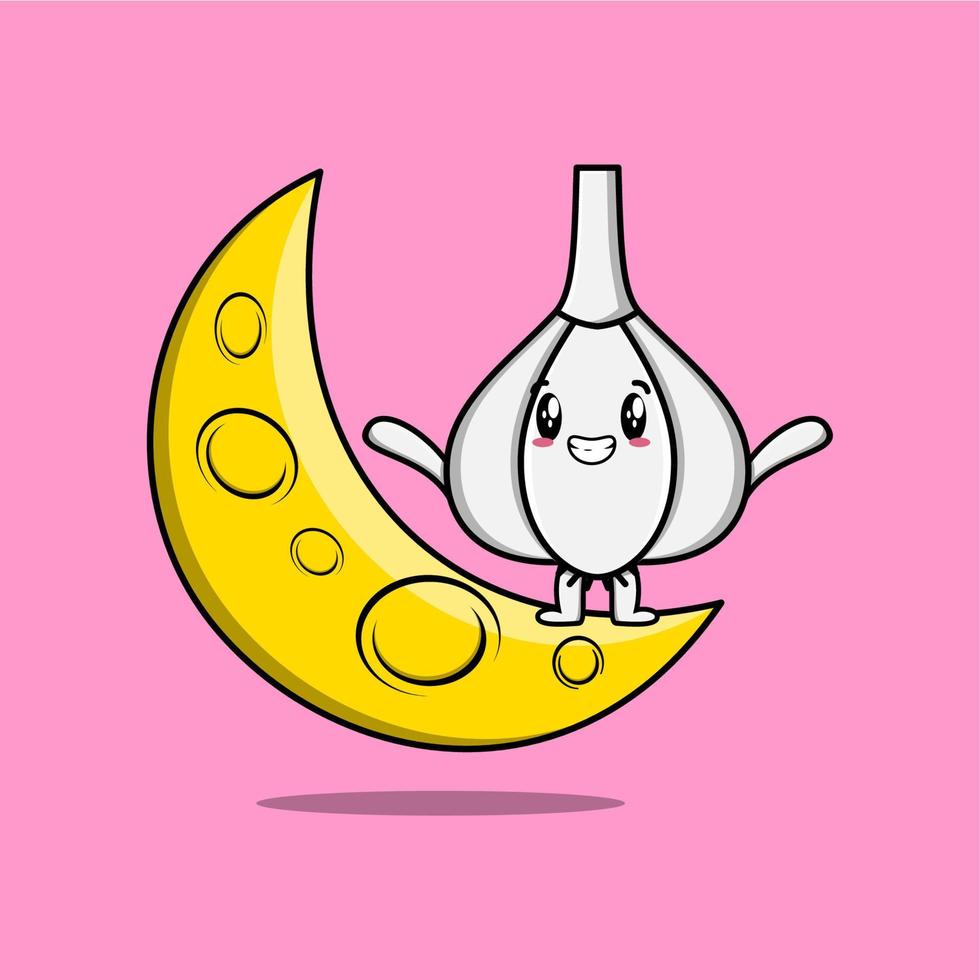 Cute cartoon Garlic standing on the crescent moon vector