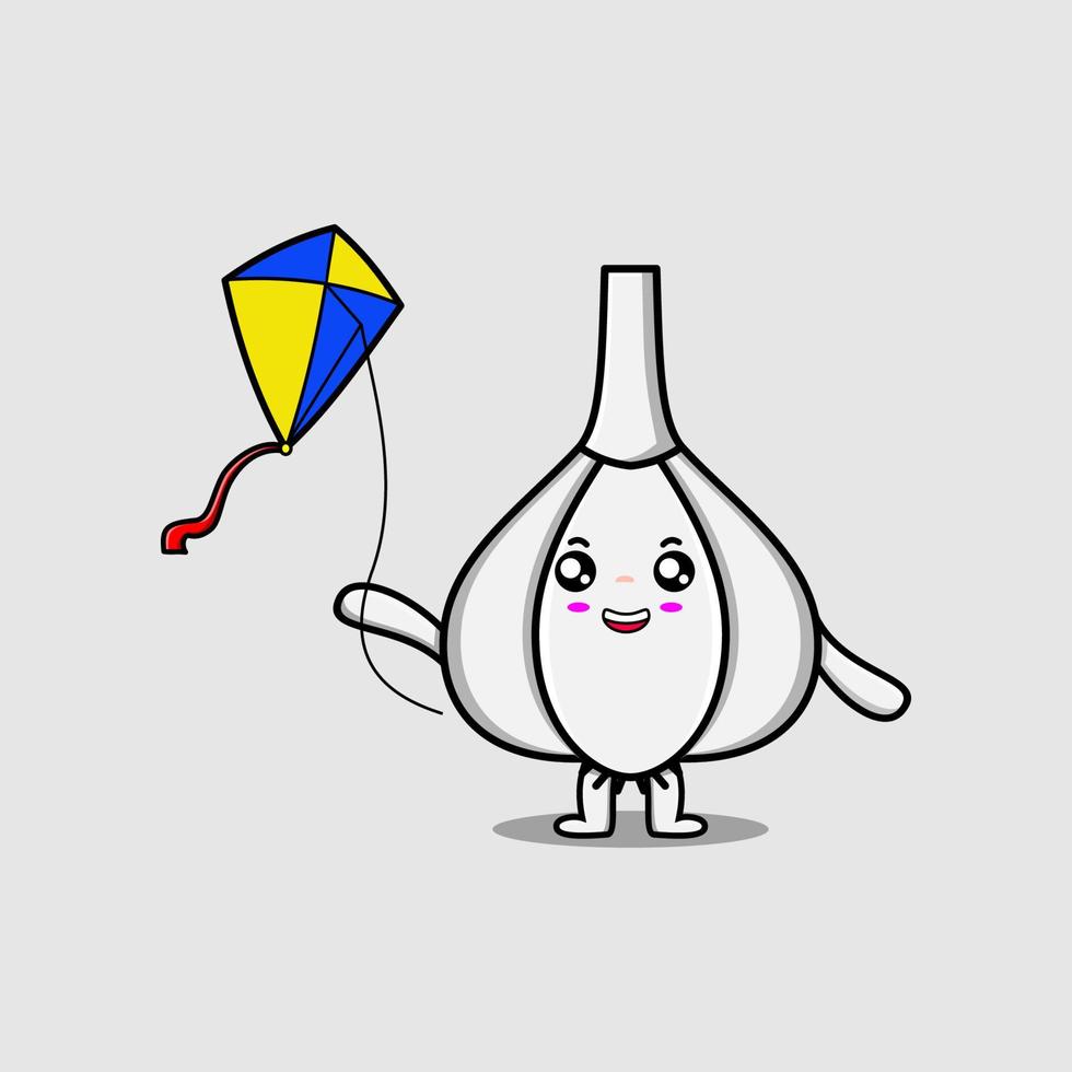 Cute cartoon Garlic character playing kite flaying vector