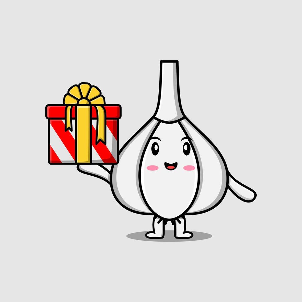 Cute cartoon Garlic character holding gift box vector