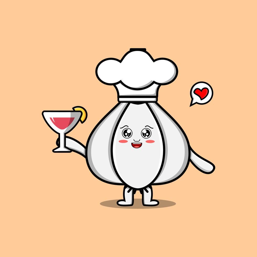 Cute cartoon Garlic chef character hold wine glass vector