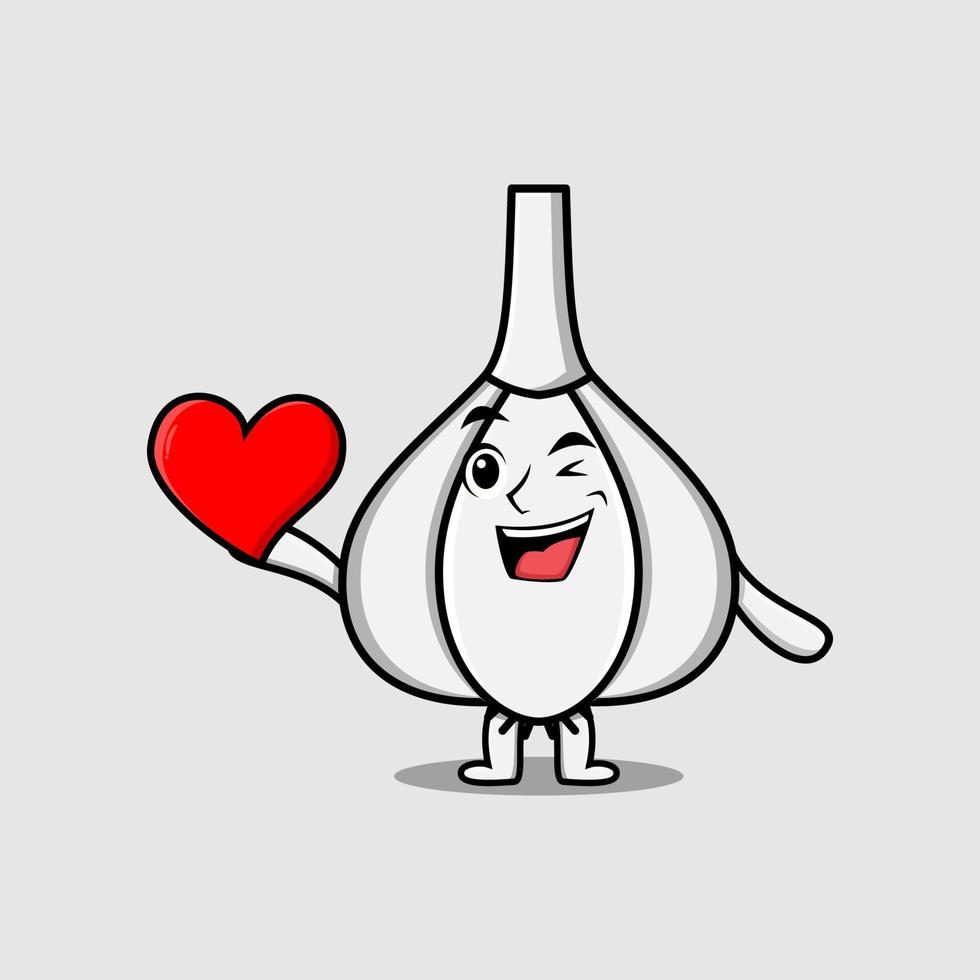 lindo personaje de dibujos animados de ajo con un gran corazón rojo vector