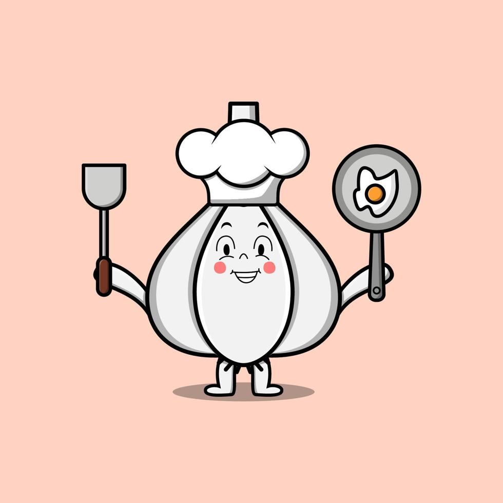 Cute cartoon Garlic chef holding pan and spatula vector