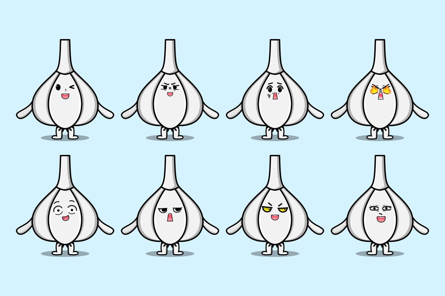 Set kawaii Garlic cartoon different expressions vector