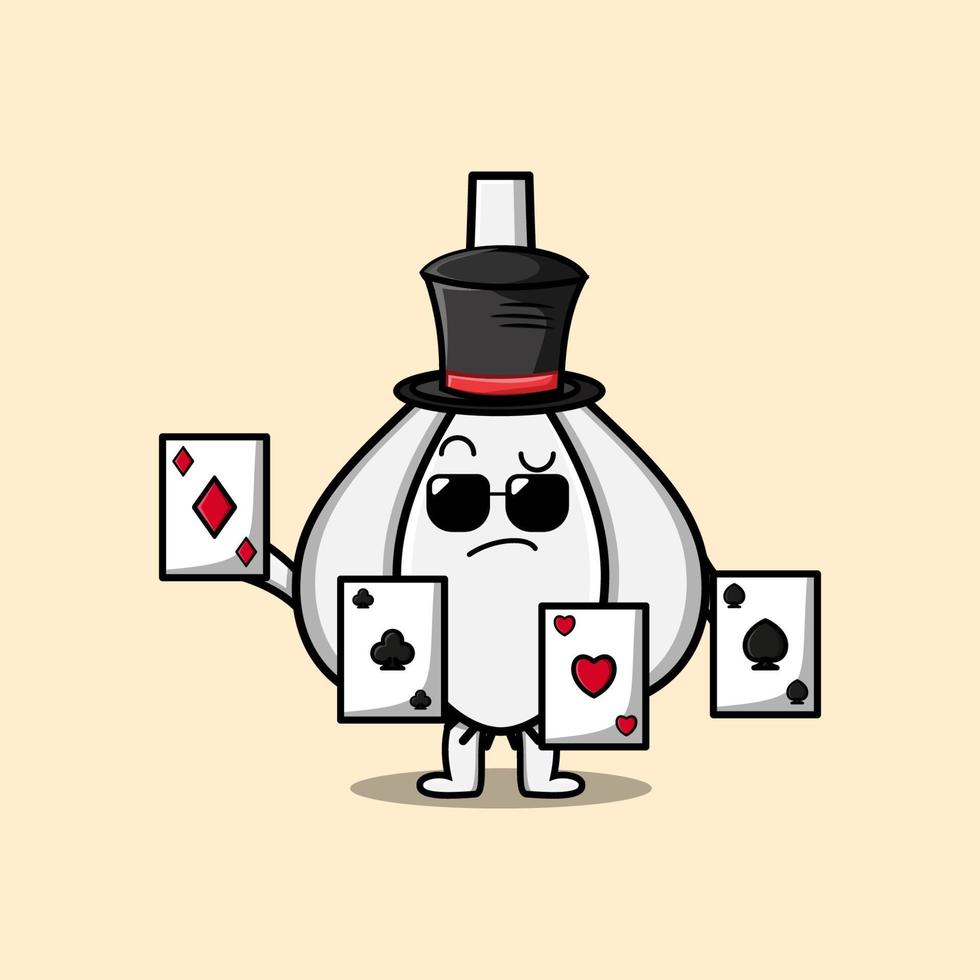 lindo mago de ajo de dibujos animados jugando cartas mágicas vector