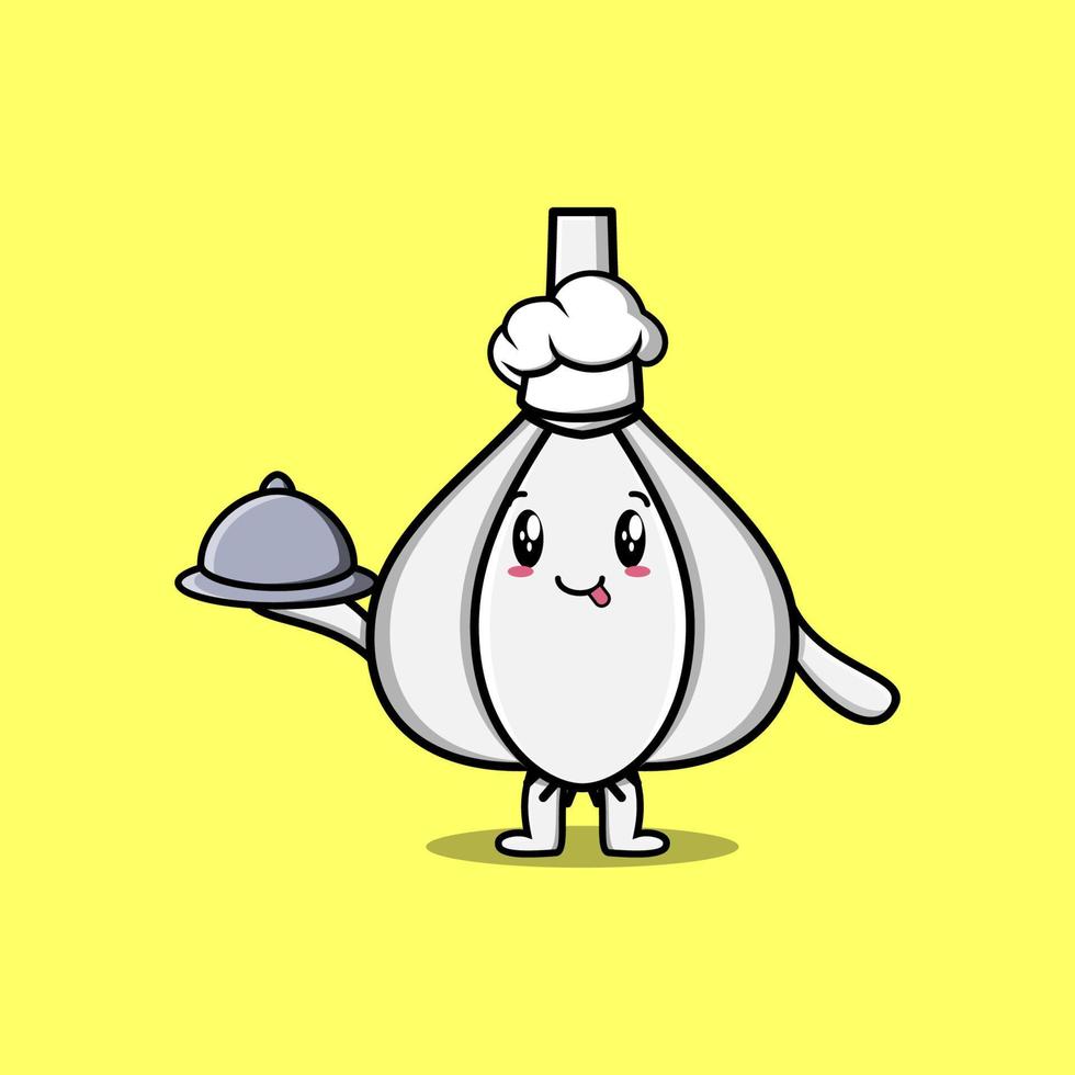chef de dibujos animados personaje de ajo sirviendo comida en la bandeja vector