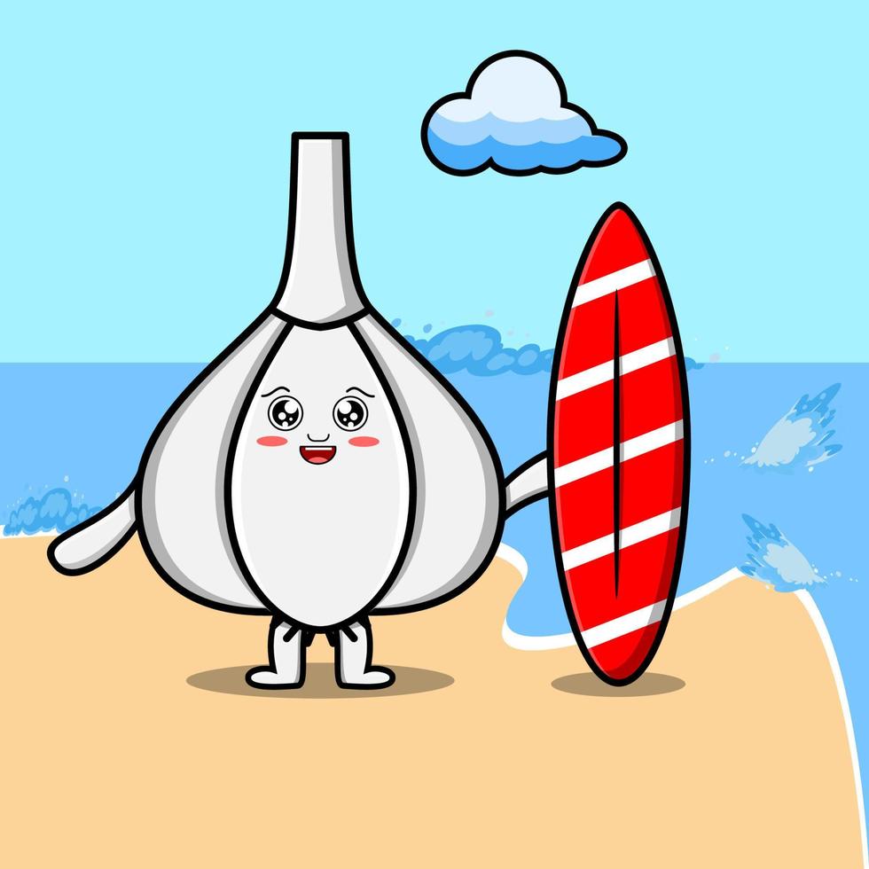 lindo personaje de dibujos animados de ajo jugando al surf vector