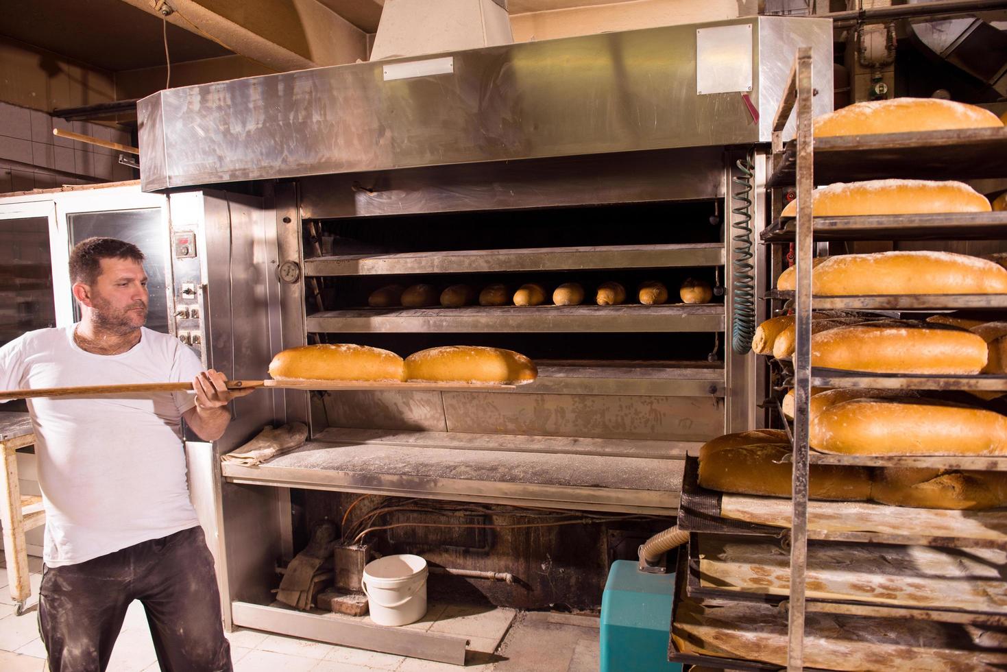 bakery worker taking out freshly baked breads photo