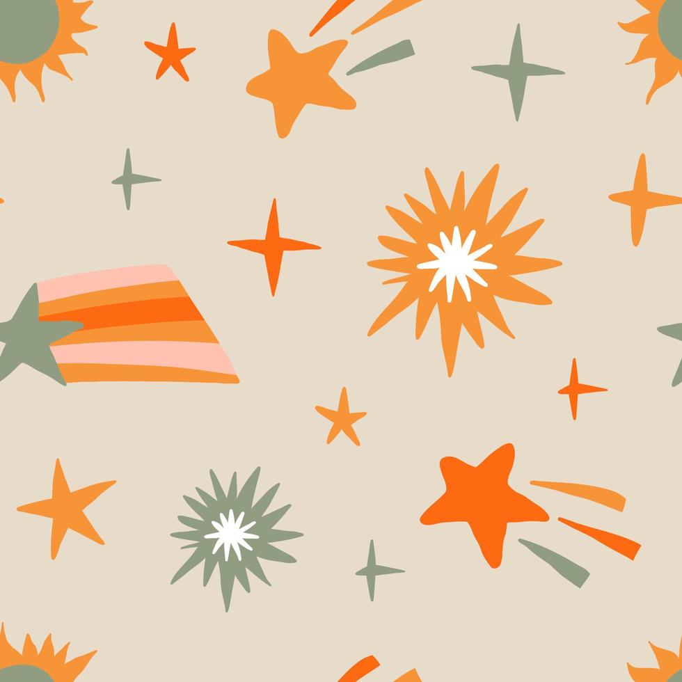 Colorful Small Scale Hand-Drawn stars Vector Seamless Pattern. Retro 70s Style Nostalgic Fashion Textile Bold Background. Seventies Style, Groovy Flat Design, Hippie Aesthetic.