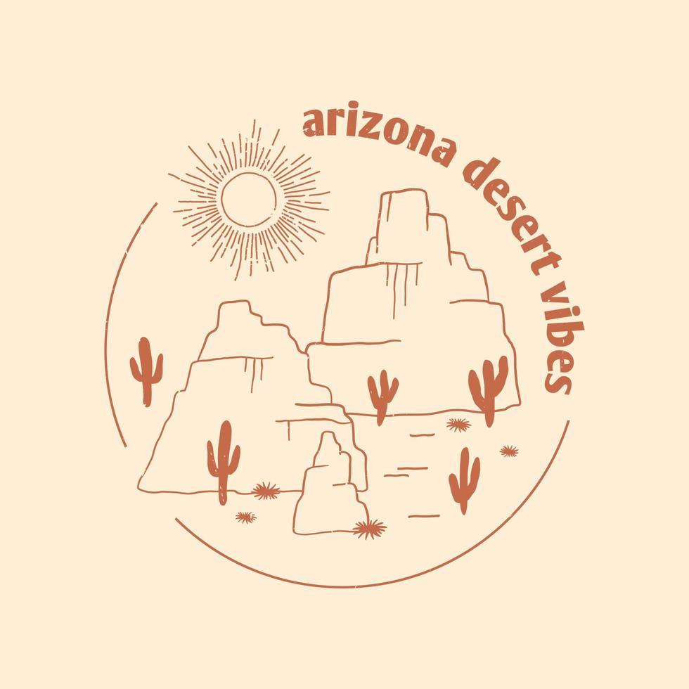 Arizona desert with mountain graphic print design for t shirt. Vintage graphic for apparel, sticker, batch, poster and background. Outdoor western vintage artwork. Arizona Vibe vector