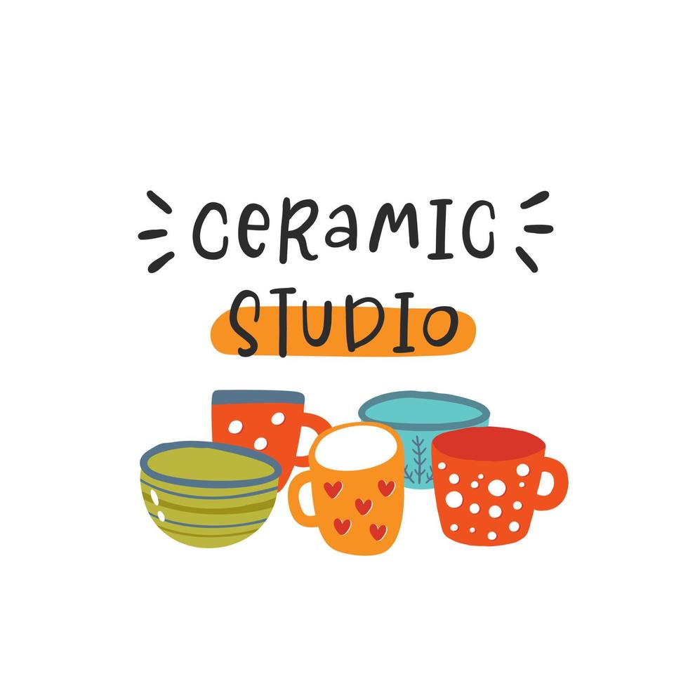 Slogan of Ceramic studio. Vector calligraphy illustration. Flat pottery logo. Set of handmade earthenware. Hand drawn vector illustration for logo, design, ceramic studio, classes, workshop, tableware